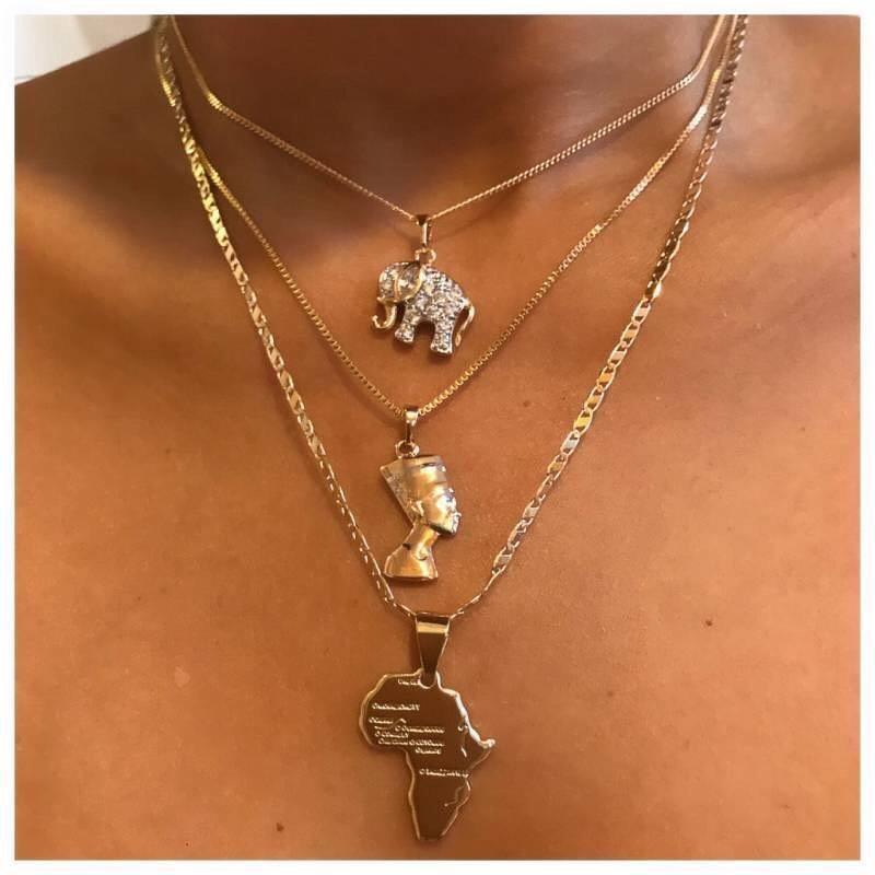 3 Pcs/Set Vintage Crystal Elephant Pyramid Ancient Egyptian Pharaoh Map Pendant Multilayer Gold Necklace Punk Lady Jewelry Gifts in  at Haute for the Culture