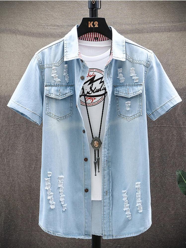 Men Distressed Denim Button Up in Men Tops at Haute for the Culture